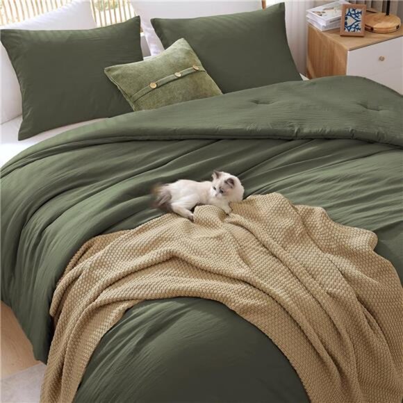 Queen Comforter Set - 3 Pieces Prewashed Olive Green Comforter Soft Lightweight - Picture 2 of 7